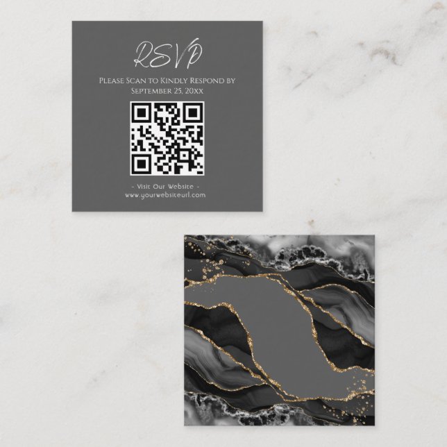 RSVP Website Black Agate Gold Glitter Wedding Square Business Card (Front/Back)
