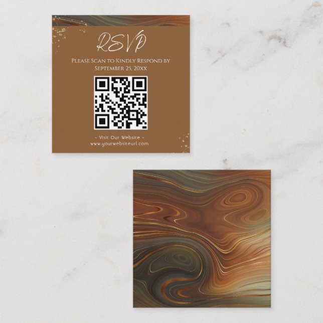 RSVP Website Brown Agate Wedding  Square Square Business Card (Front/Back)