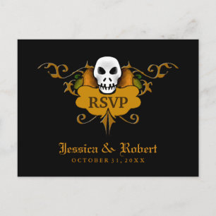 RSVP Wed Postcard - Halloween Skull Orange & Black