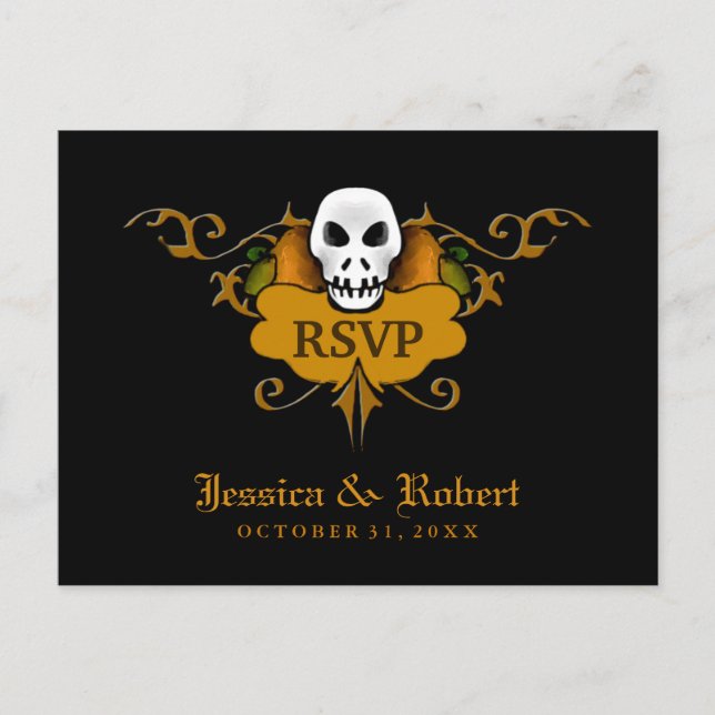 RSVP Wed Postcard - Halloween Skull Orange & Black (Front)