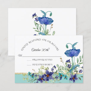 RSVP Wedding Aqua Blue w Poppy Watercolor Floral Invitation
