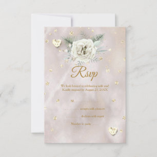 RSVP Wedding Beige Gold White Rose Hearts Glitter Card