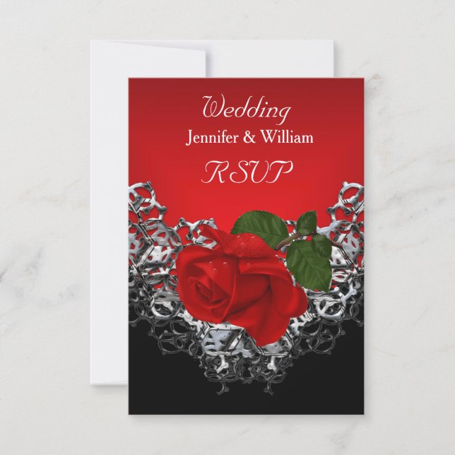 RSVP Wedding Black White Silver Deep RED Rose (Front)