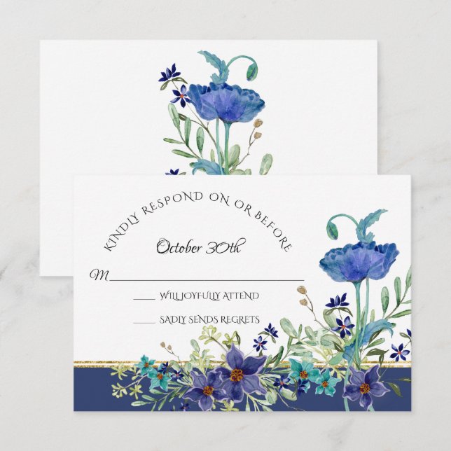 RSVP Wedding Blue Poppy Foliage Watercolor Floral Invitation (Front/Back)