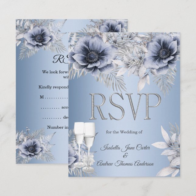 RSVP Wedding Blue Silver Floral Bouquet Champagne (Front/Back)