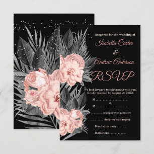 RSVP Wedding Blush Peach Charcoal Floral Black Invitation