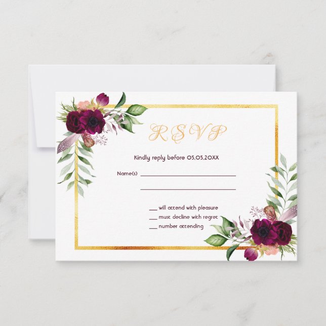 RSVP wedding bohemian boho florals burgundy white (Front)