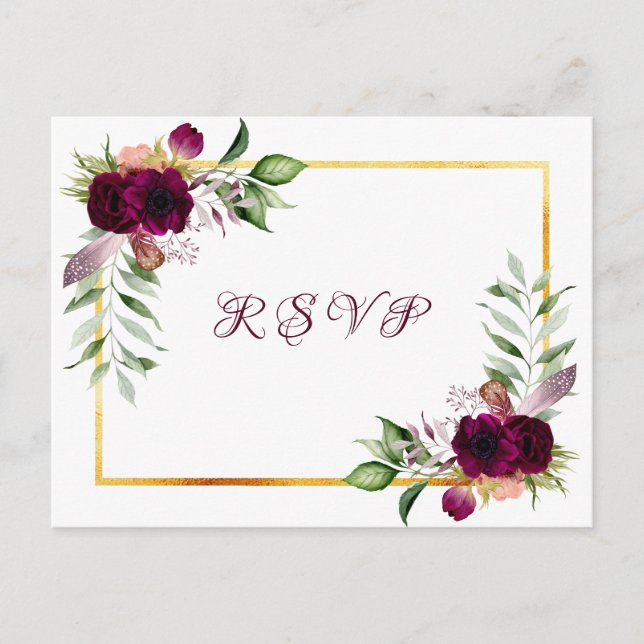 RSVP wedding bohemian florals burgundy white Invitation Postcard (Front)