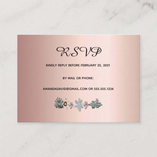 RSVP wedding card succulent flowers rose gold (Front)