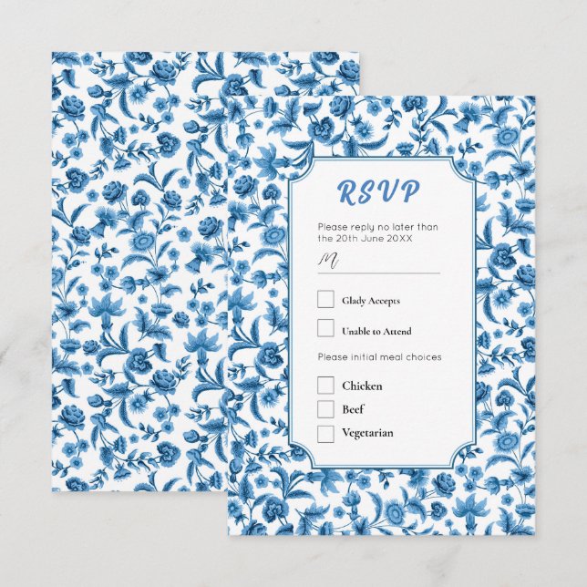 RSVP Wedding Chintz Blue & White Floral Ditsy Invitation (Front/Back)