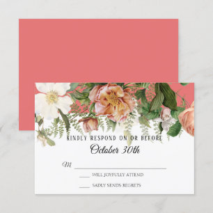 RSVP Wedding Coral Blush Ivory Rose Peony Ferns Invitation