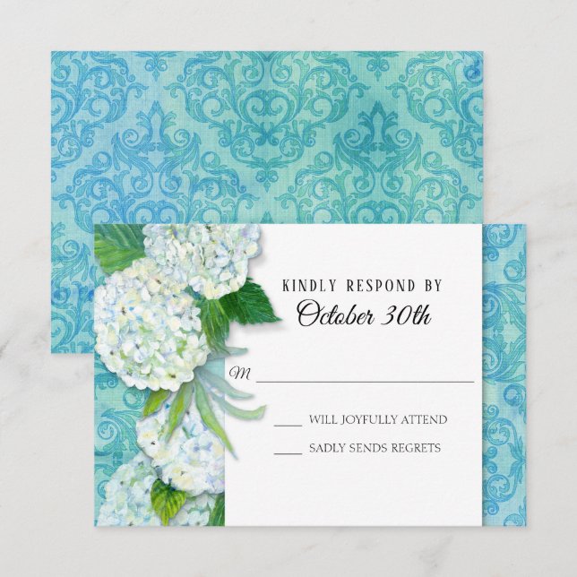 RSVP Wedding Floral Hydrangeas Aqua Damask Pattern Invitation (Front/Back)
