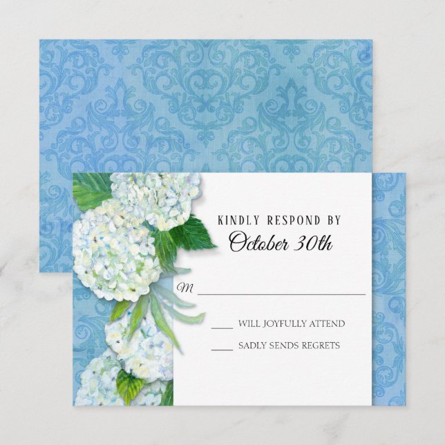 RSVP Wedding Floral Hydrangeas Blue Damask Pattern Invitation (Front/Back)