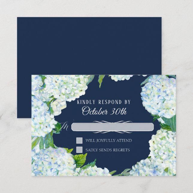 RSVP Wedding Floral White Hydrangea Navy Blue Invitation (Front/Back)