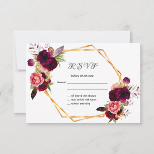 RSVP wedding flowers burgundy rose gold white Card