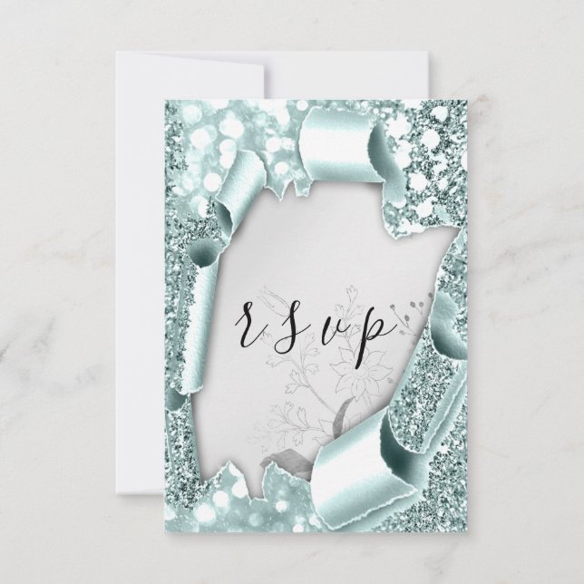 RSVP Wedding Glitter Florals Silver Aqua Blue (Back)