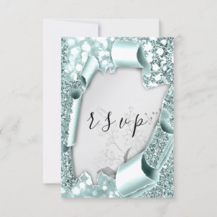 RSVP Wedding Glitter Florals Silver Aqua Blue Card