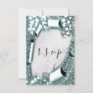 RSVP Wedding Glitter Florals Silver Smoky Teal Card