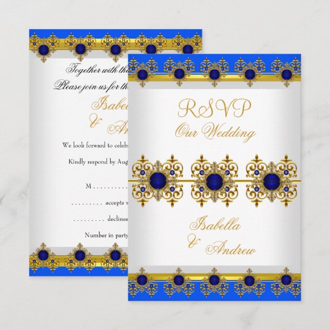 RSVP Wedding Gold Royal Blue Gem White Invitation (Front/Back)