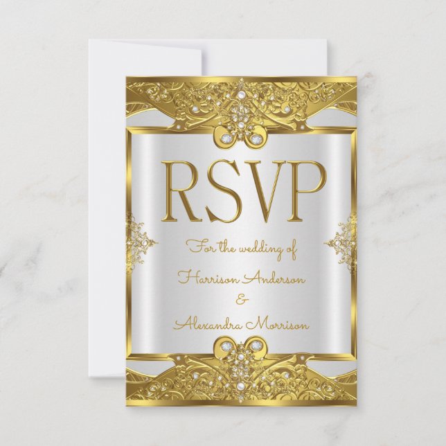 RSVP Wedding Gold White Pearls Golden Frame Invitation (Front)