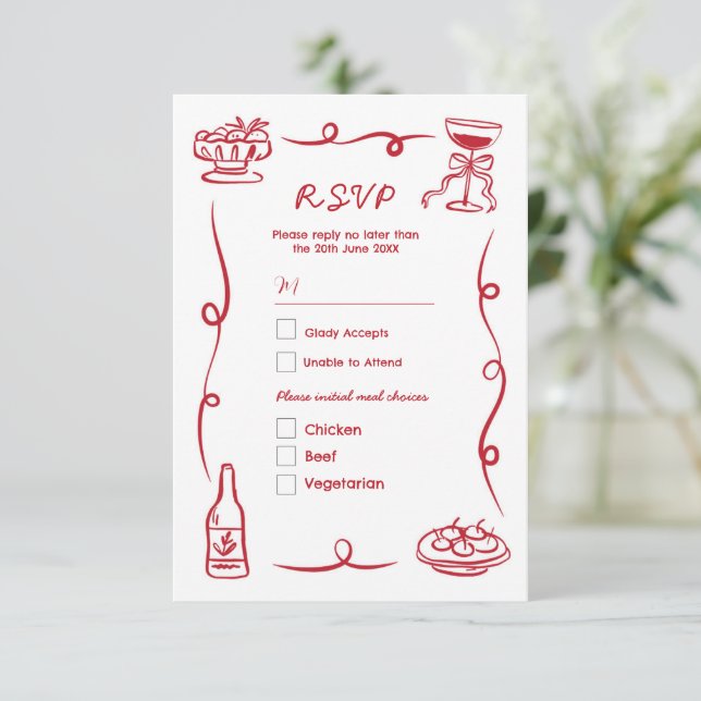 RSVP Wedding Hand Drawn Illustrated Red  Invitation (Standing Front)