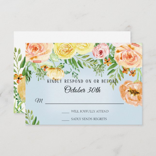RSVP Wedding Modern Yellow Roses Blush Floral Invitation (Front/Back)