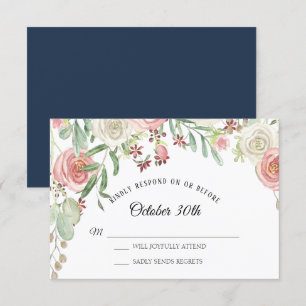RSVP Wedding Navy Pale Blush Ivory Roses Floral Invitation