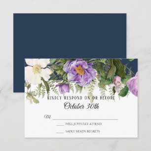 RSVP Wedding Navy Purple Ivory Rose Peony Ferns Invitation