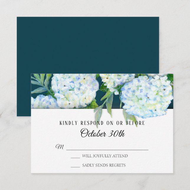 RSVP Wedding Painted White Hydrangeas Peacock Blue Invitation (Front/Back)