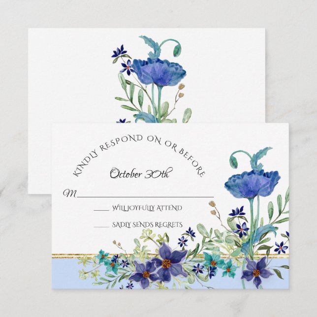 RSVP Wedding Pale Blue Poppy Watercolor Floral Invitation (Front/Back)