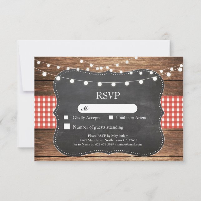 RSVP Wedding Red Check Wood Light Cards Invites (Front)