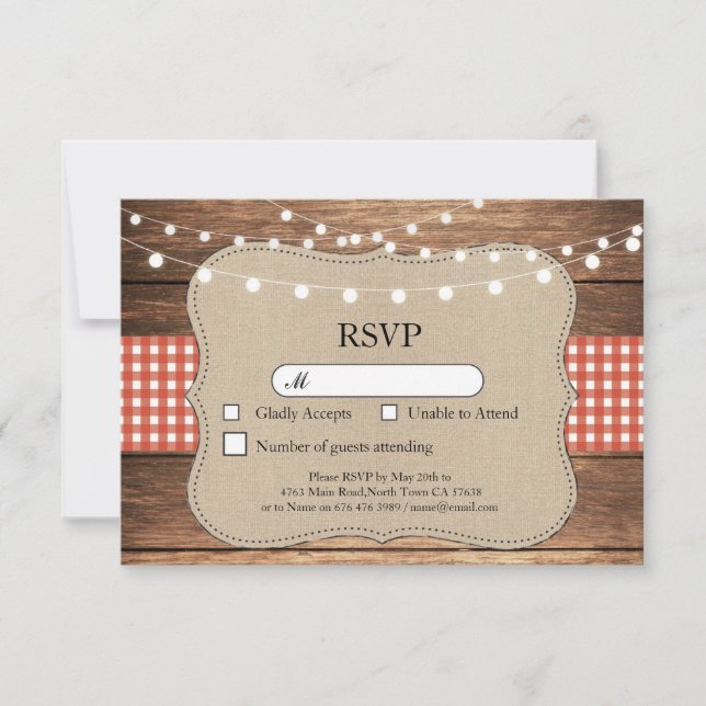 RSVP Wedding Red Check Wood Light Cards Invites (Front)