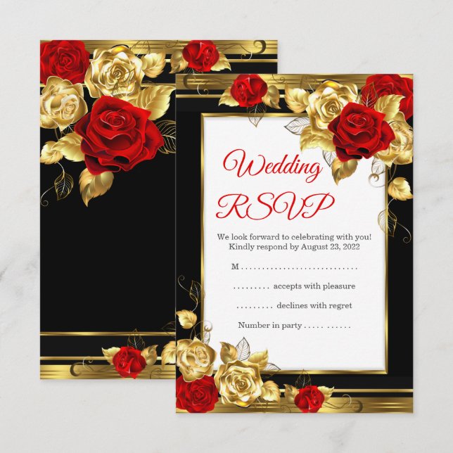 RSVP Wedding Red Gold Roses Black Gold Photo Card (Front/Back)