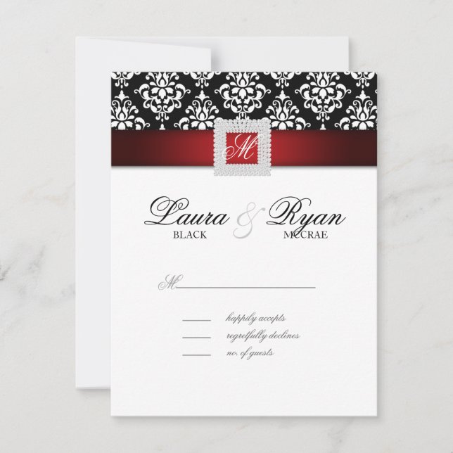 RSVP Wedding Reply Card Jewel Black Red White (Front)