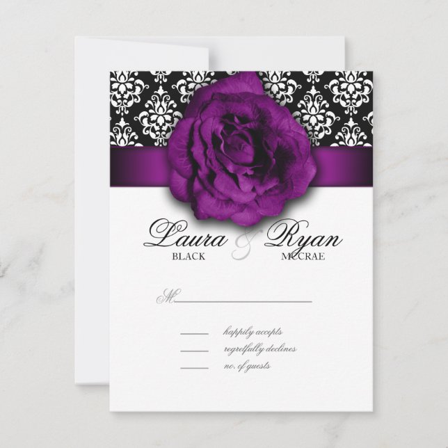 RSVP Wedding Reply Card Purple Rose Damask (Front)
