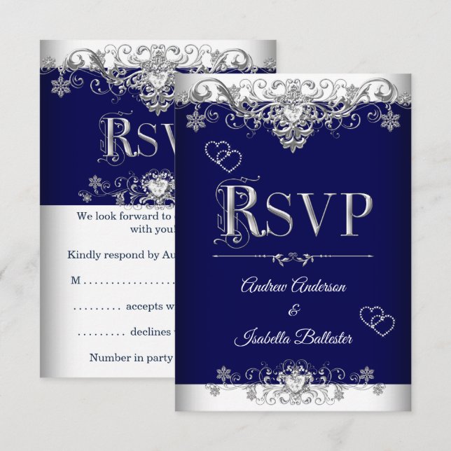 RSVP Wedding Royal Blue Silver Diamond Hearts Invitation (Front/Back)