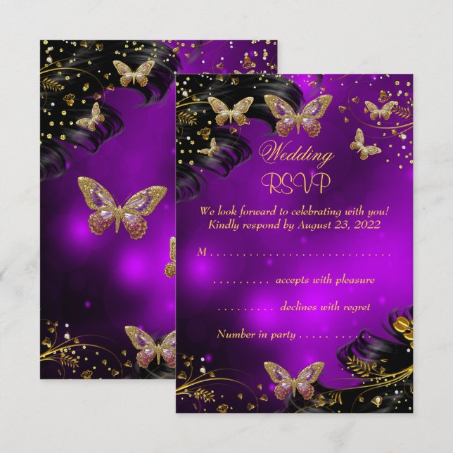 RSVP Wedding Sparkle purple Gold Black Butterfly (Front/Back)
