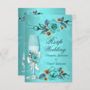 RSVP Wedding Teal Blue Champagne Roses Flowers  Invitation