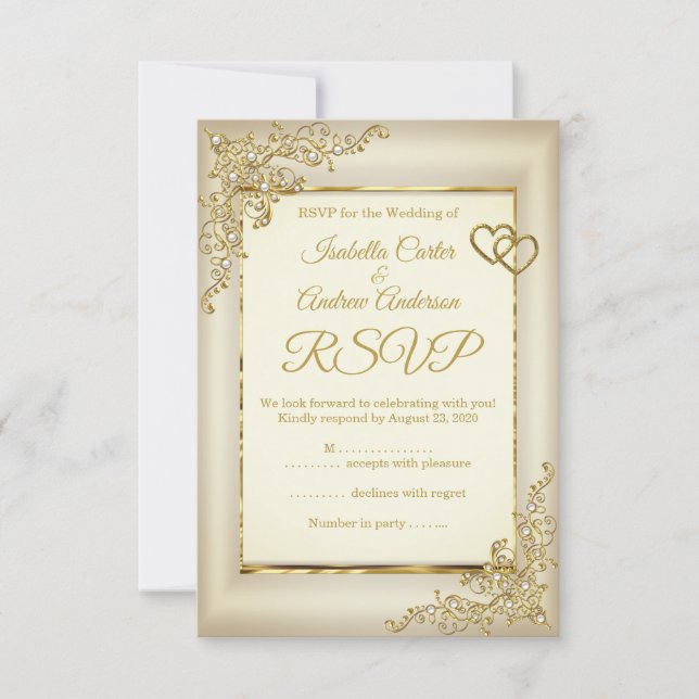 RSVP Wedding Vintage Cream Beige Gold Heart Pearl (Front)