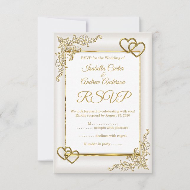 RSVP Wedding Vintage Cream White Gold Hearts (Front)