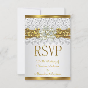 RSVP Wedding White Pearl Gold Lace Floral  Invitation