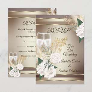 RSVP Wedding White Rose Champagne Gold Bronze Invitation