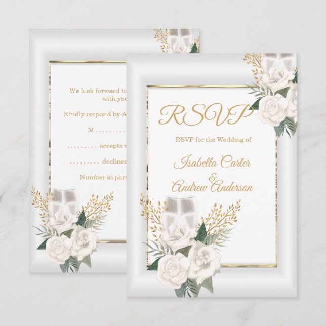 RSVP Wedding White Rose Floral Champagne Gold (Front/Back)