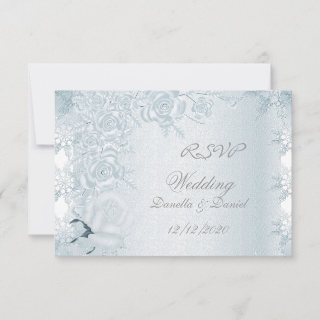 RSVP Wedding White Silver Blue Roses Snowflakes Invitation (Front)