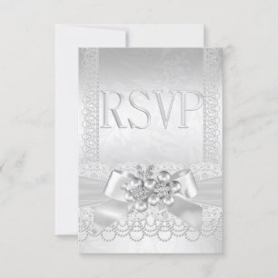 RSVP Wedding White Silver Pearl Lace Damask Card