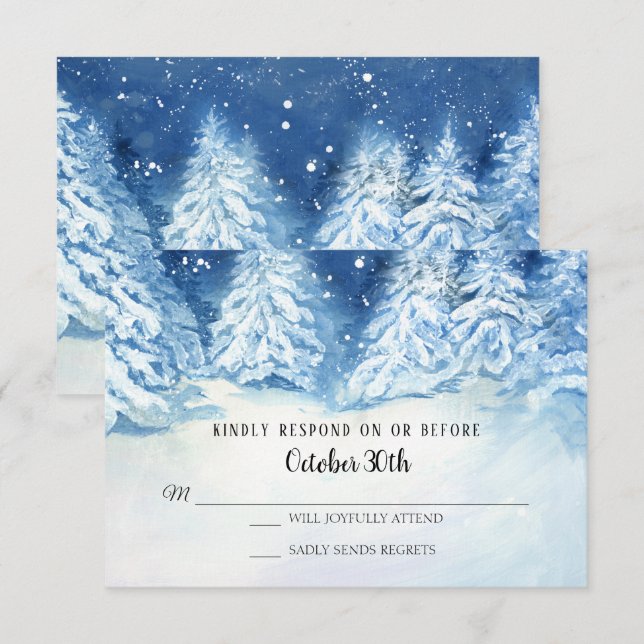 RSVP Wedding Winter Navy Snowy Trees Watercolor Invitation (Front/Back)