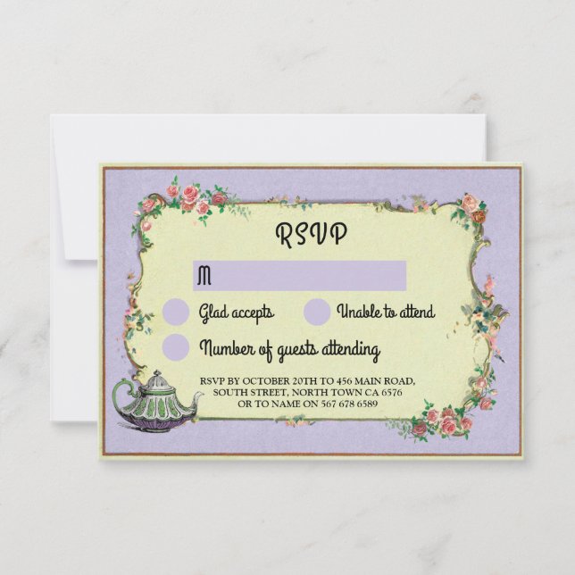 RSVP Wedding Wonderland Teapot Purple Flowers Invitation (Front)