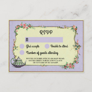 RSVP Wedding Wonderland Teapot Purple Flowers Invitation