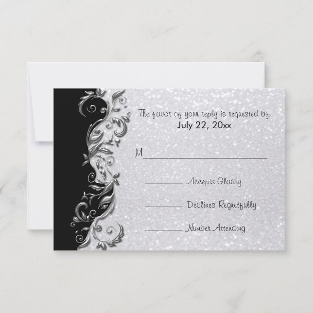 RSVP  White Glitter, Black & Silver Floral Wedding (Front)