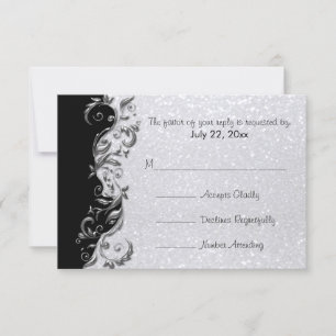 RSVP  White Glitter, Black & Silver Floral Wedding Card